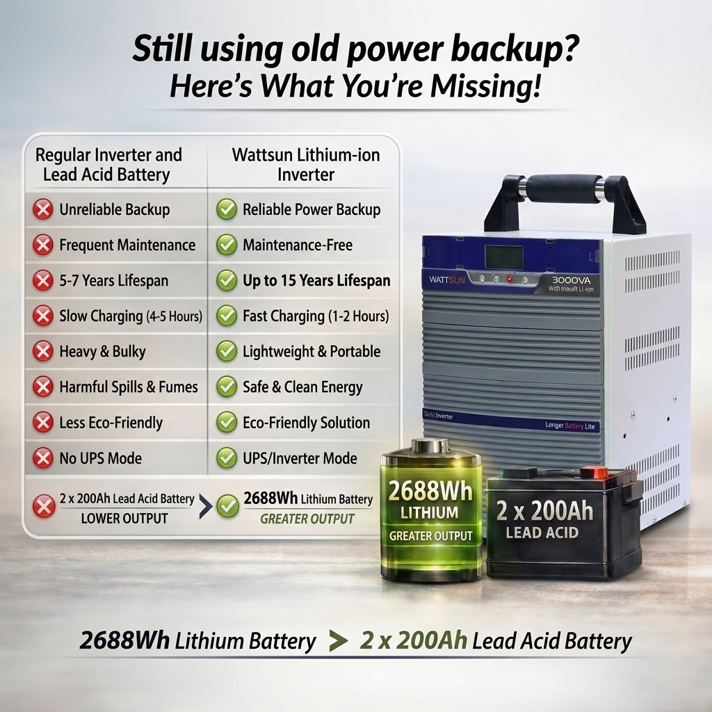 Wattsun Inverter 3KVA with Upto 15 Year Life | Integrated 2688Wh Lithium-Ion Battery | Pure Sine Wave Inverter | IP32 Water Protection | LCD Display | Compact & Portable Design | 5 Years Warranty